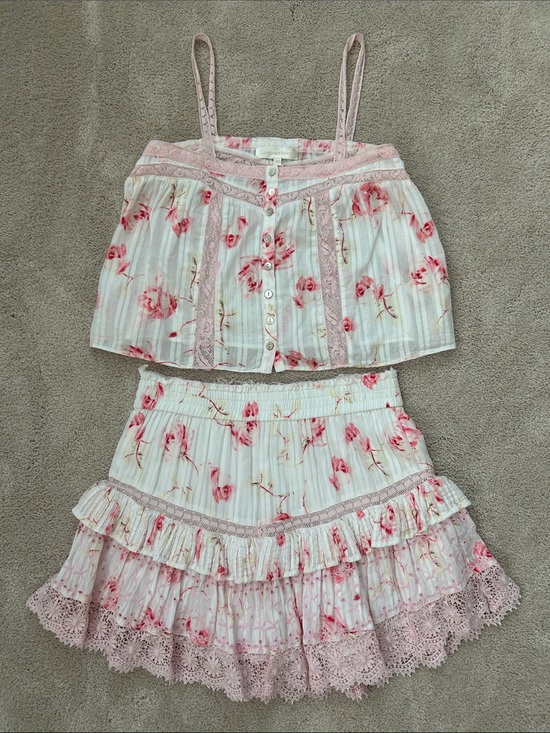 LoveShackFancy Dresses & Skirts - LoveShackFancy Pink Floral Women Lace-Trim Tank and Ruffle Mini Skirt